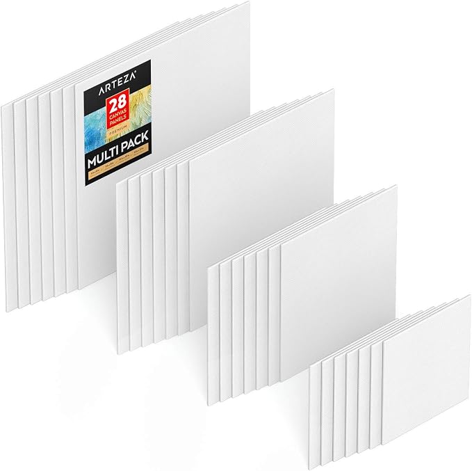 ARTEZA Canvases for Painting, Multipack of 28, 6 x 6, 8 x 8, 10 x 10, 12 x 12 Inches, Square Canvas Panels, 100% Cotton, 12.3 oz Gesso-Primed, Art Supplies for Acrylic Pouring and Oil Painting