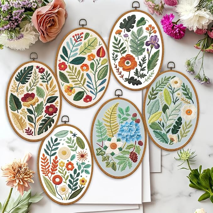 ORIGACH 6 Pack Plants Leaves & Flower Embroidery Kits for Beginners, DIY Starter Hand Embroidery Kit with Floral and Leaf Patterns and Instructions for Adults Women Crafting