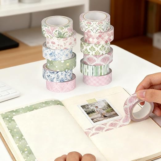 12 Rolls Floral Washi Tape Set,Pink,Blue and Green,Garden | Watercolor Flowers Design for Scrapbook Journal DIY Craft School Supplies, 15 mm Vintage Decorative Masking Washi Tapes