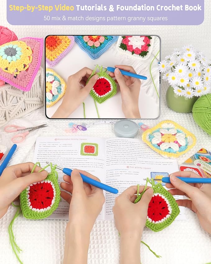 Katech Crochet Kit for Beginners, 50 Floral Granny Square Kits for Adults