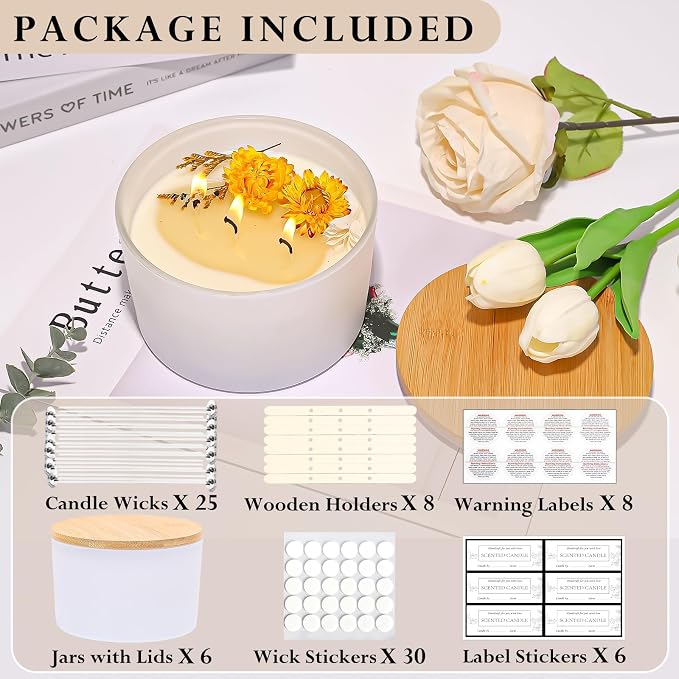 CONNOO 6 Pack 24oz Matte White Glass Candle Jars with Airtight Bamboo Lids