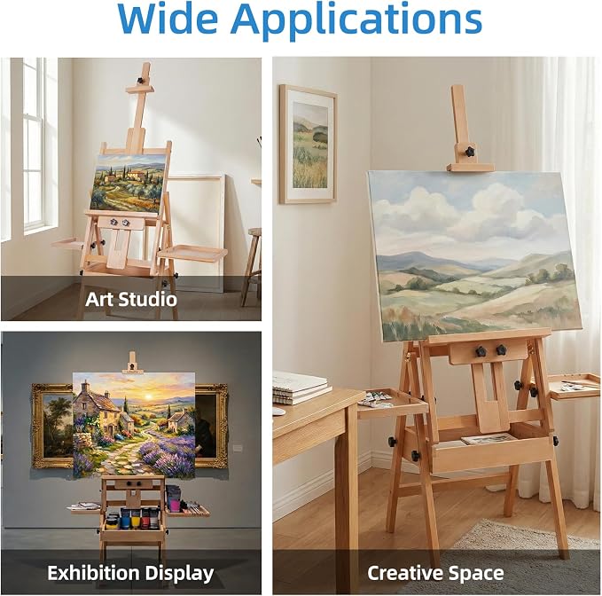 Falling in Art Large Horizontal Wooden Painting Easel, Holds up to 50'' | H-Frame Studio Easel Stand with Storage Drawer and Palettes, Suitable for Adults, Beginners, and Artists
