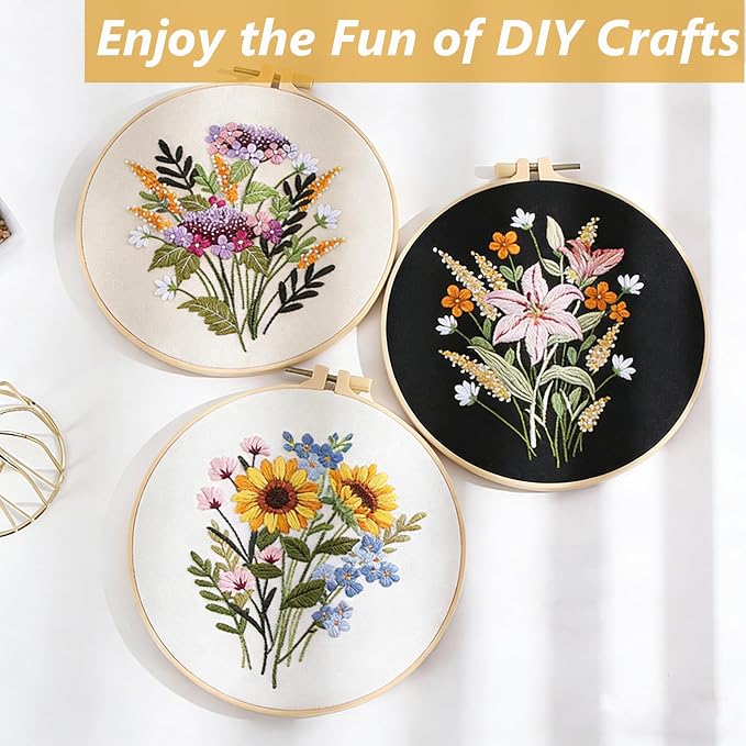 3 Packs Embroidery Kit for Adults, Embroidery for Beginners (Flower)