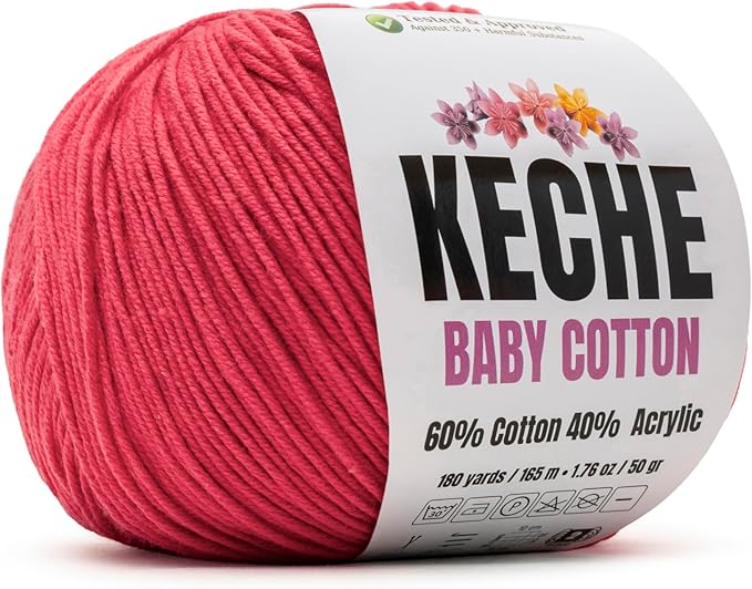 Keche Baby Cotton, 60% Cotton 40% Acrylic Yarn, Soft Cotton Yarn for Crochet and Knitting, Amigurumi Yarn 1 Skein/Ball 1.76 Oz (50g) / 180 Yrds (165m) - Watermelon