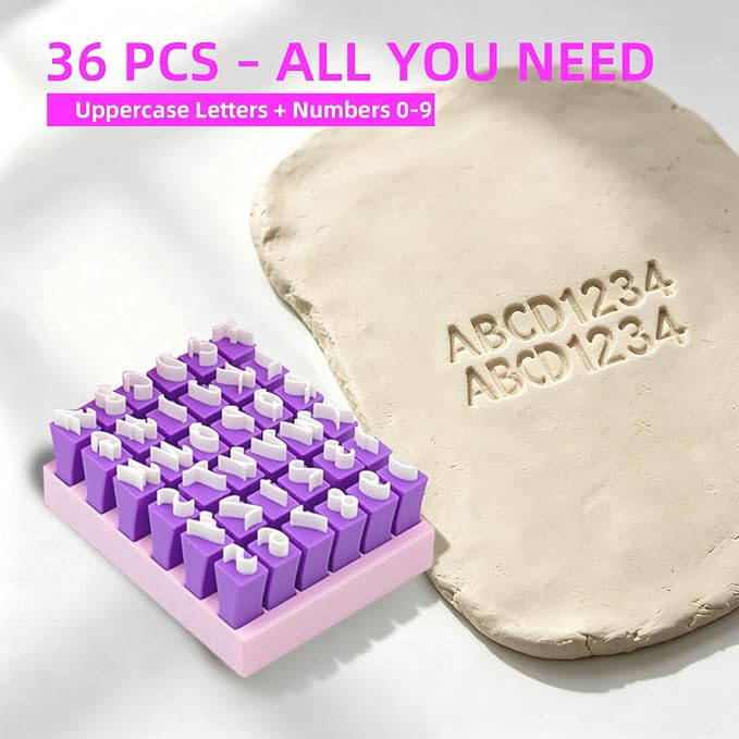 Purple Alphabet Stamps for Clay – 36 Pcs (Uppercase Letters & Numbers 0-9 Set), Essential Clay Letter Stamps for Pottery, Ceramics, Concrete, DIY Craft Tools with Storage Box