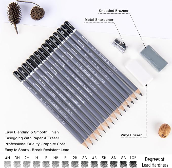 Brusarth Professional Sketch Graphite Pencils for Drawing Set,17 Pcs | Graphite Pencils (4H-10B) for Artists and Beginners, Graphite Sticks,Erasers,Sharpener, Art Pencils for Sketching