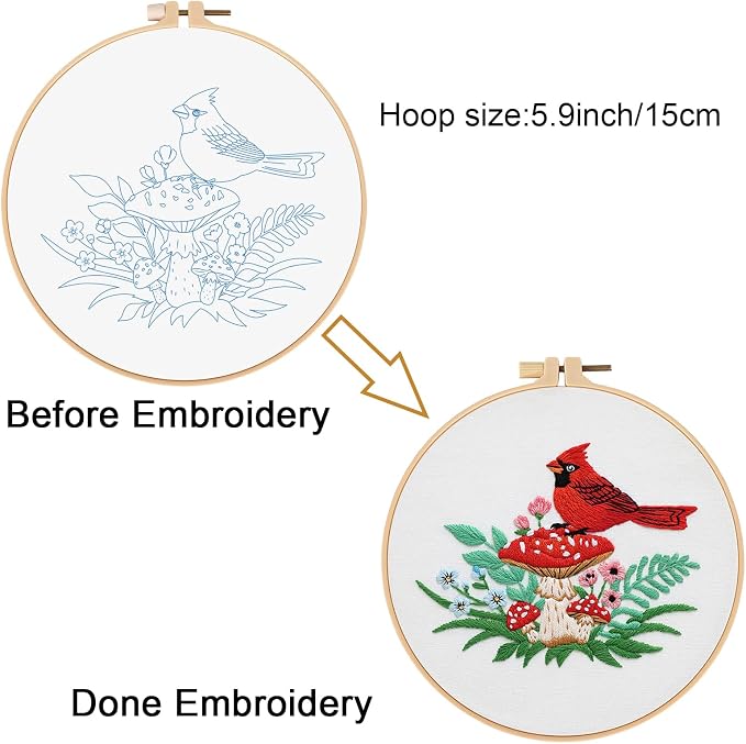 Louise Maelys Cardinal Mushroom Embroidery Kit for Beginners DIY Craft | DIY Needlepoint Kit with Pre-Printed Fabric, Hoop, Threads, Needles and Guide. Cross Stitch Kit for Adults with Nature Design