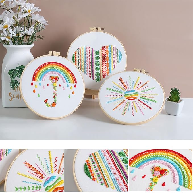 Konrisa Easy Embroidery Kit for Beginners Stamped Embroidery Starter Kit DIY Sewing Needlepoint Cross Stitch for Adults, Stitch Practice Kit 3 Embroidery Fabric Pattern
