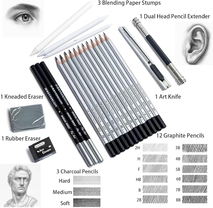Drawing Sketching Pencil Set, 22 PCS Graphite and Charcoal Pencils with Blending Stumps, Erasers, Art Knife & Pencil Extender in Metal Box, Artist Sketching Supplies for Drawing & Shading (22 Pcs)