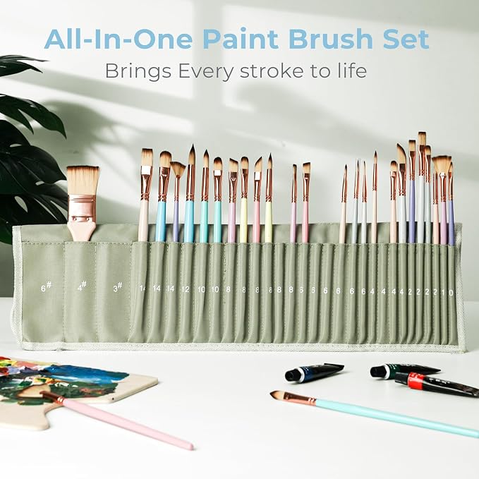 Nicpro 30pcs Paint Brush Set, Aesthetic Pastel Paintbrushes with Paint Spatula and Cloth Roll, Craft Paint Brushes for Acrylic Painting Oil Watercolor Gouache, Art Supplies for Women Artists Beginners