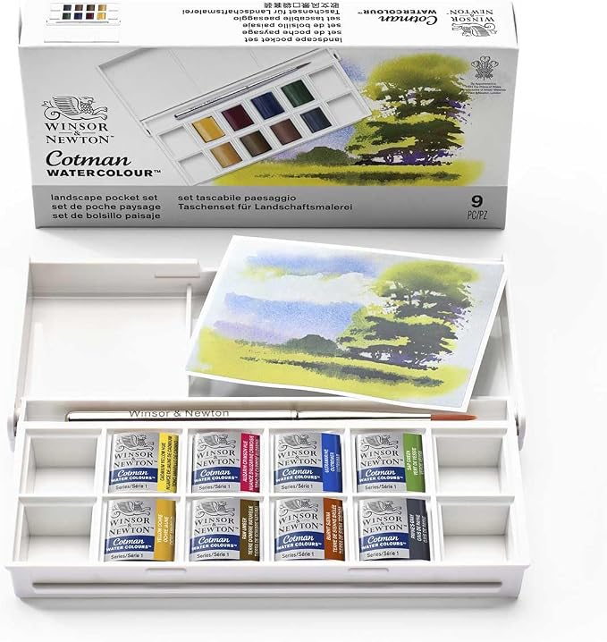 Winsor & Newton Cotman Watercolor Paint Set, 8 Half Pan, Landscape Set | Introductory Watercolor made with Fine Art Pigments, Perfect for Beginners, Lightfast & Permanent, Good Tinting Strength