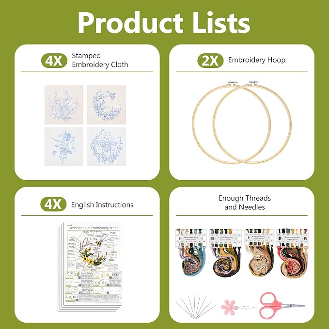 Santune 4 Pack Embroidery Kit for Beginners,Needlepoint Cross Stitch Kits for Adults,Needle Point Sets with Bee Flower Pattern Stitch Video Tutorial