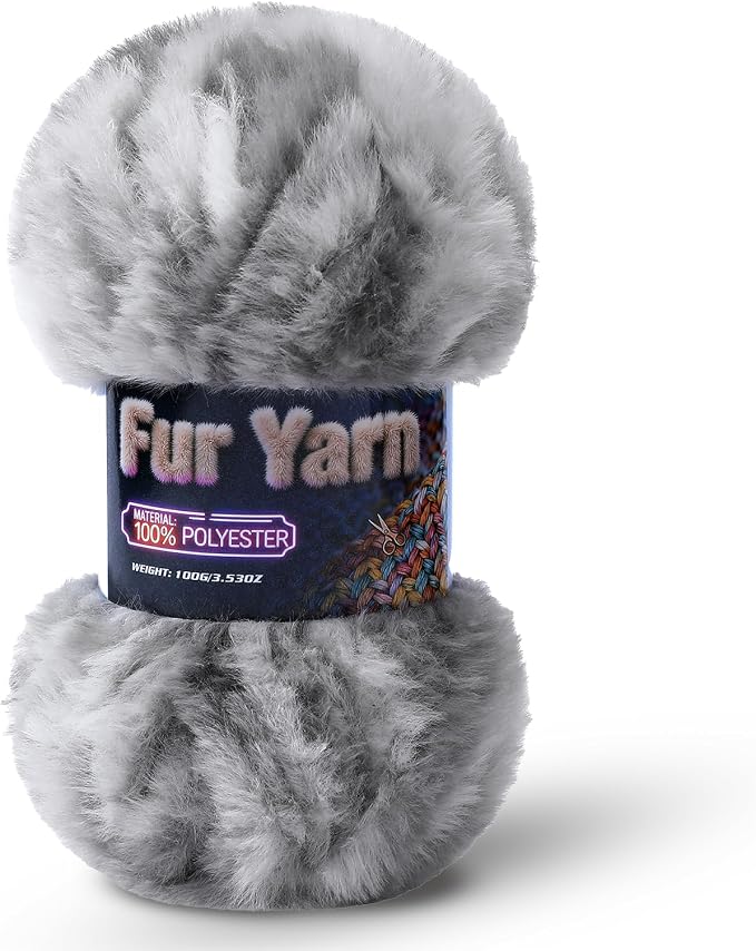 Faux Fur Yarn Soft Fluffy for Crocheting - 1 Skeins(Each 3.5oz/100g, 71yd/65m) - Chunky & Fluffy Yarn for Crochet Amigurumi, Blankets, Hand Knitting, Scarves &Crafts (1, Colorful White + Gray)