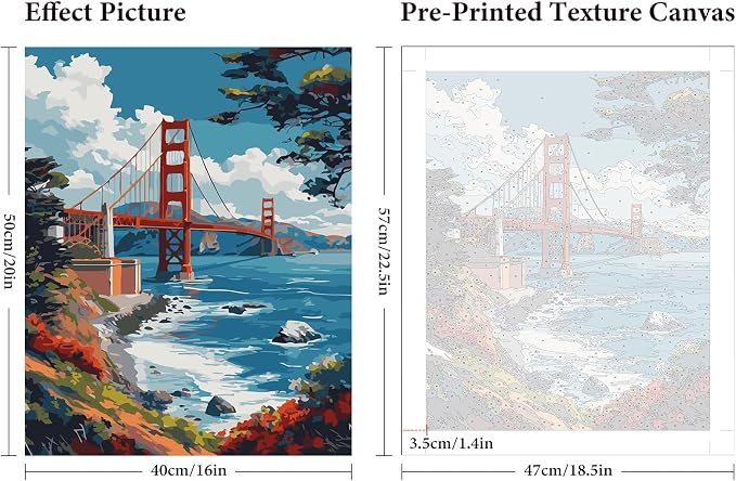 Paint by Numbers Kit for Adults Beginner 16x20 Inch, Golden Gate Bridge | DIY Acrylic Painting by Numbers San Francisco Scenery, Without Frame Canvas, Stress Relief Craft Kits, For Home Decor Gift