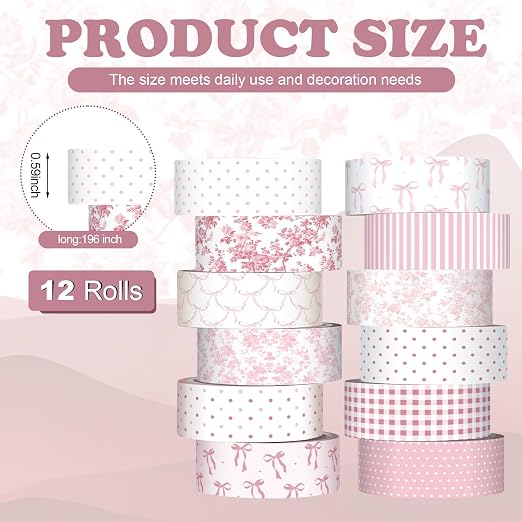 12 Rolls Floral Washi Tape Set,Pink,Bows and Polka Dots | Watercolor Flowers Design for Scrapbook Journal DIY Craft School Supplies, 15 mm Vintage Decorative Masking Washi Tapes