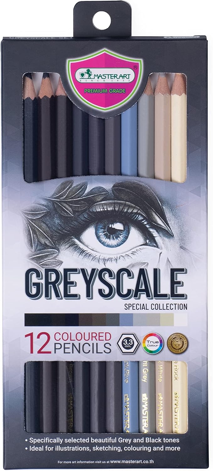 MASTERART Greyscale Colored Pencils 12 Colors for Kids and Adults Coloring