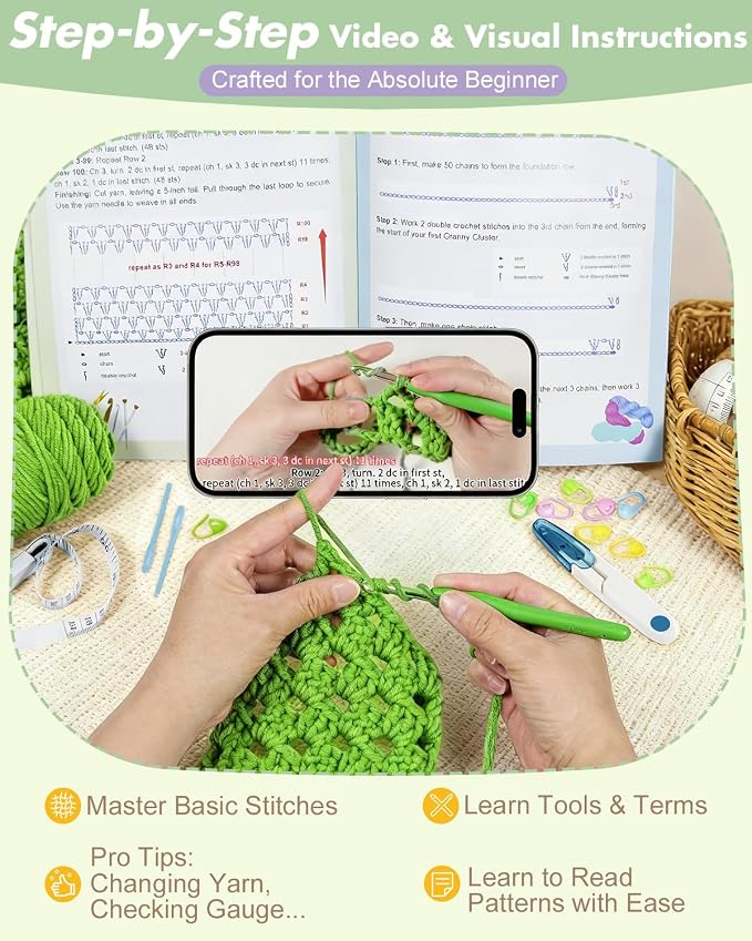 Arborthread Crochet Kit for Beginners, Easy All-Season Pocket Shawl & Scarf Crochet Kit for Adults w/Ample Premium Yarn to Fit Different Sizes, Step-by-Step Video & Instructions, Green