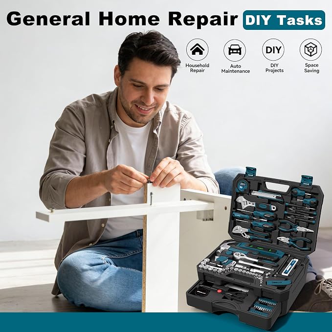 328 Piece Tool Kit For Home,Hand Repair Tool Set,Toolbox Storage Case with Drawer,General Household/Auto Tool Set,Perfect for Homeowner, DIY, Handyman (Blue and black)