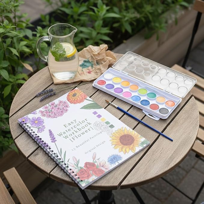 Watercolor Workbook for Beginner,15 Flower Patterns of Original DIY Designs,16 Colors Watercolor Paint Set with Brush Palette,Beginner-Friendly Water Color Workbooks,Water Coloring Book for Adults
