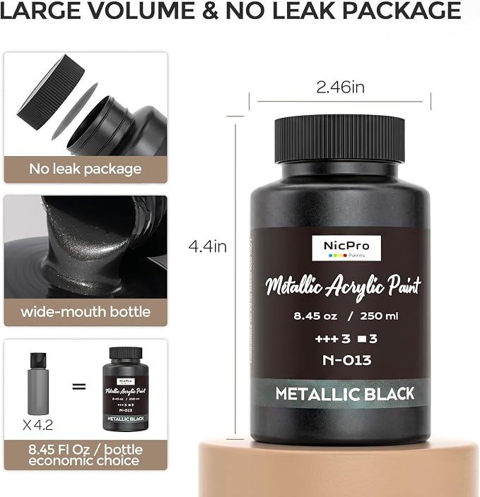 Nicpro Metallic Black Acrylic Paint, 8.45oz/250ml Large Black Craft Paint | Pearlescent Non Toxic, Non Fading Paints for Metal, Wood, Clay, Fabric, Canvas, Ceramic, Furniture, Handcrafts Art Supplies