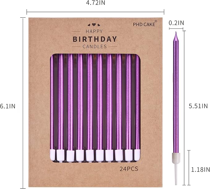 PHD CAKE Purple Long Thin Metallic Birthday Candles for Cake Party, Cake Candles, Weddings Cake Decorations, Candles for Cake