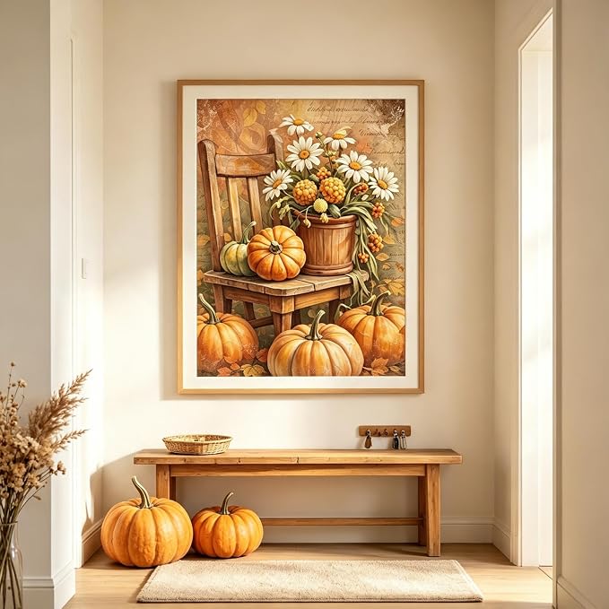 Vintage Pumpkin Daisy Diamond Painting Kits for Adults, Autumn Diamond Art