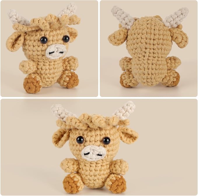 CrochetBox Crochet Kit for Beginners, Highland Cow Easy Animals Starter Set for Adults and Teen (), Knitting Kit with Yarn, Hook, Video Tutorial(30%+ Yarn)