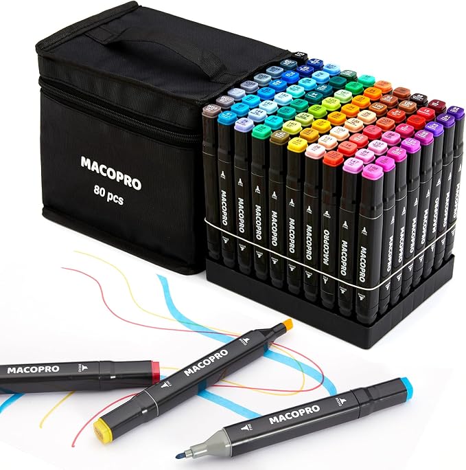 Alcohol Markers, 80 Colors Dual Tip Art Coloring Markers Set for Adult Book Drawing Sketching Painting, Chisel & Fine, Black Penholder (80)
