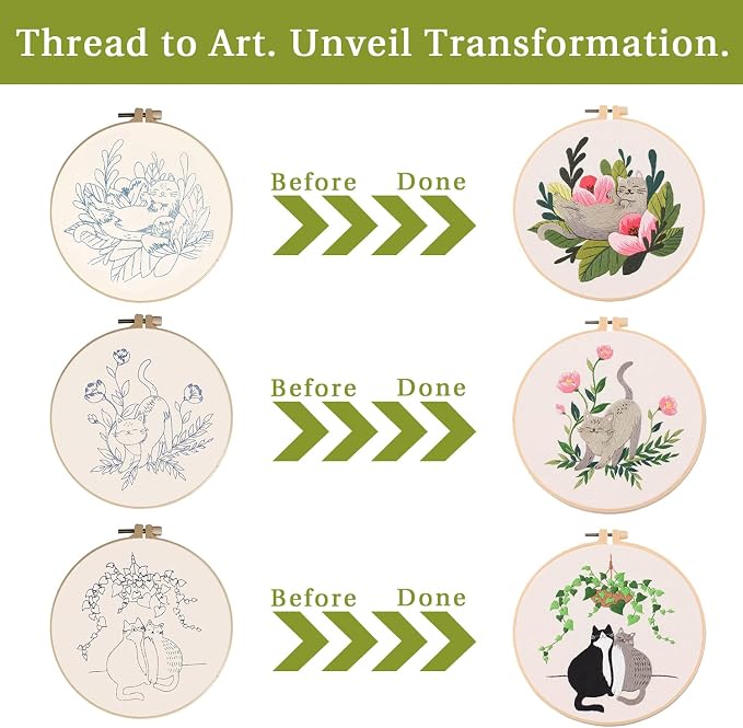 LB Funny Cat Embroidery Kit for Beginners Adults, 3 Sets Hand Embroidery Starter Kit with Floral Pattern and Instructions Stamped Cross Stitch Kits Include Embroidery Hoop Needles Threads Scissors