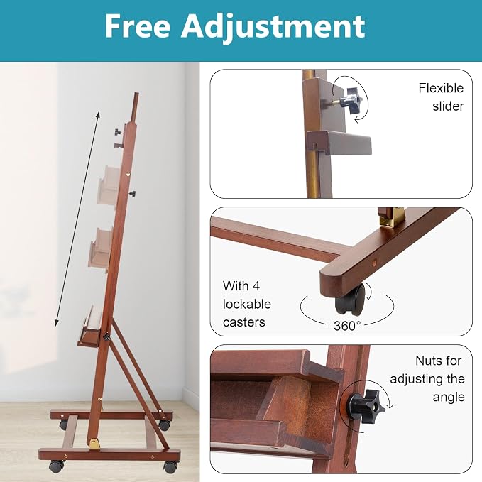 Beechwood H-Frame Artist Studio Easel with Wheels and Storage Tray, Brown