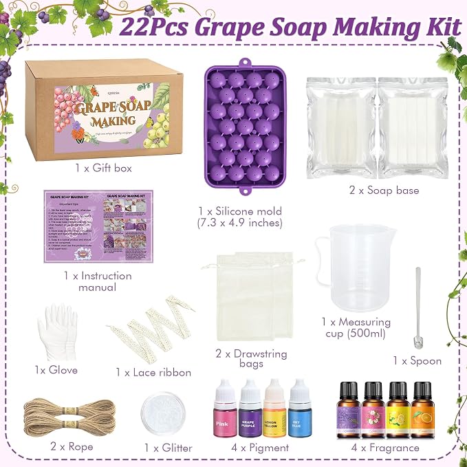 Soap Making Kit, DIY Grape Soap Craft Kits for Adults, Make Your Own Soap with Shea Butter Glycerin Melt and Pour Base, Silicone Molds, Dried Flowers, DIY Craft for Beginners Gift for Women