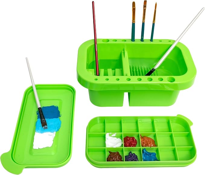 MyLifeUNIT Paint Brush Cleaner, Paint Brush Holder and Organizers with Palette for Acrylic, Watercolor, and Water-Based Paints (Lawn Green) | 18 mixing wells, 16 slots fitting 0.24-0.63 in diameters, 3 washing compartments, removable tray lid