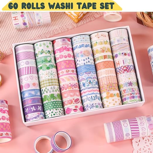 60 Rolls Washi Tape Set Aesthetic Decorative Masking Tape | Decorative Tape Bohemian Colored Tape for Journaling Supplies, Scrapbooking Kit, Planner, Junk Journal, School Supplies