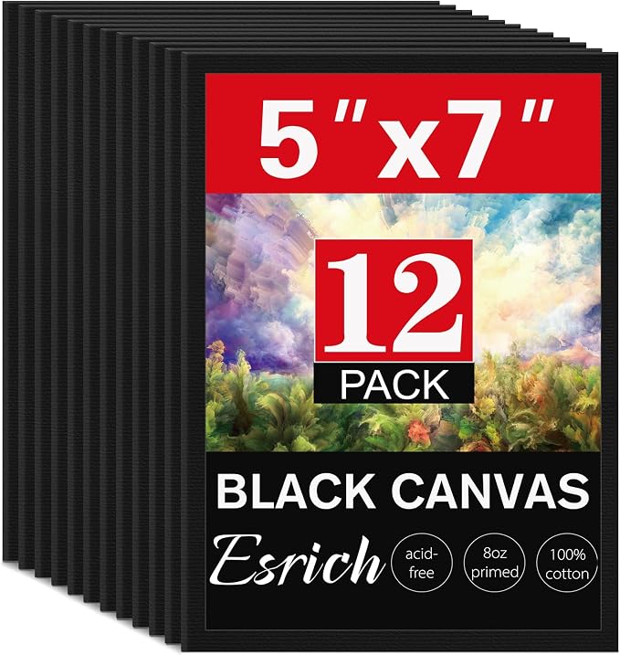 ESRICH 5x7 Canvas for Painting, 12 Pack Small Canvases for Painting Canvas Primed Acid-Free Black Canvas Panels for Oil, Acrylic Paint and Tempera.