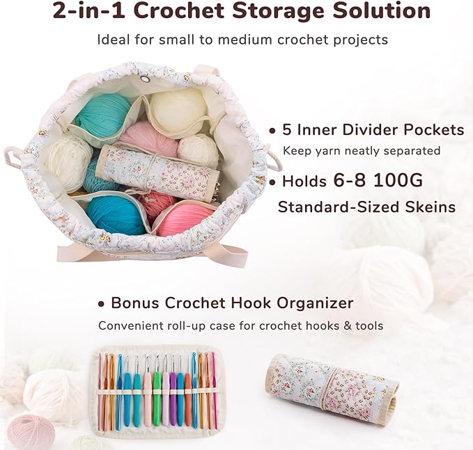 MYBAGZING Portable Crochet Bag Organizer with Crochet Hook Organizer Roll, Quilted Yarn Storage Tote with Grommets, Knitting Project Bag for Yarn & Accessories, Floral Craft Tote Gift for Crocheters