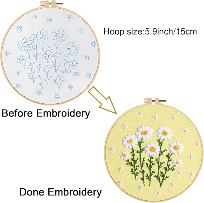 Louise Maelys Daisy Flower Embroidery Kit for Beginners, Floral Pattern | Complete Set Cross Stitch Kits Includes Hoop, Threads, Needles and Guide. Create Floral Crafts with DIY Needlepoint Kit