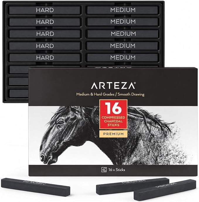 ARTEZA Compressed Charcoal Sticks Set of 16 – Medium and Hard Drawing Crayons for Sketching, Shading, Line Work in Charcoal Art and Figure Drawing | Deep Black Marks, Controlled Lines in Varied Thicknesses, Rich Layered Depth, For Sketching, Shading an...