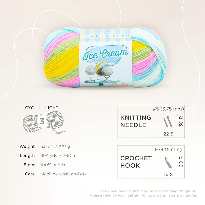 Lion Brand Yarn, Ice Cream Crochet Yarn, Bunny Tracks, Multicolor, 3 Pack