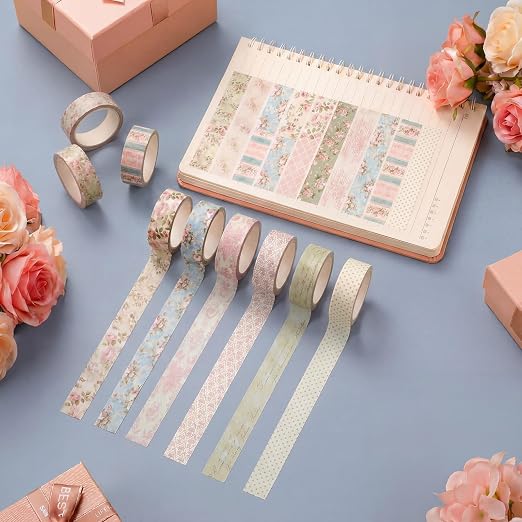 12 Rolls Floral Washi Tape Set,Vintage Pink,Rose | Watercolor Flowers Design for Scrapbook Journal DIY Craft School Supplies, 15 mm Vintage Decorative Masking Washi Tapes