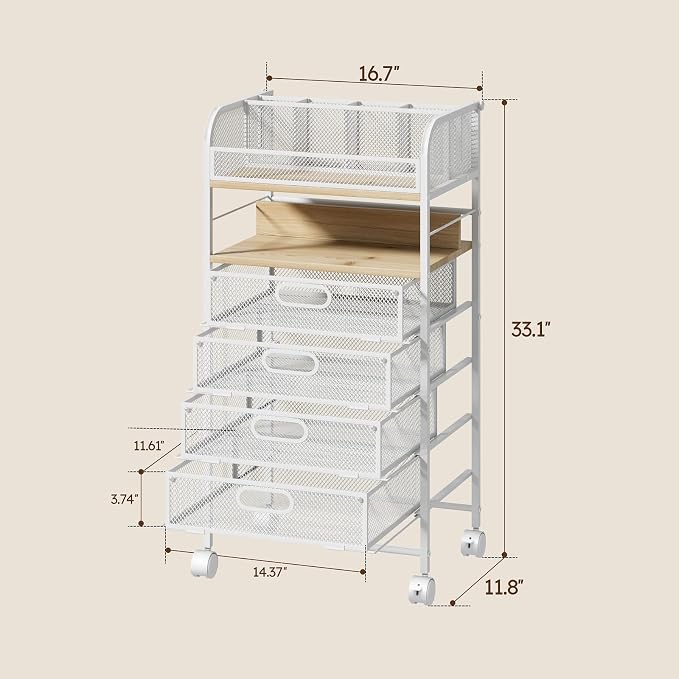 Homsorout Rolling Art Cart with 4 Drawers, Maple