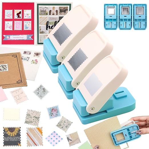 BAOFALI 3Pcs Stamp Puncher, 1X0.8inch &1inch Stamp Punch1 Inch Square Punch, Scalloped Rectangle Lever Action Paper Punches for Crafting Scrapbooking DIY Scrapbooking Journaling Card Making