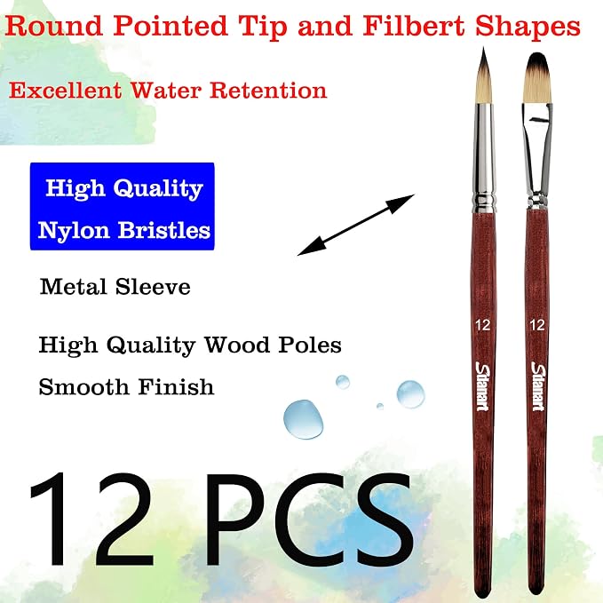 Sdanart 12 pcs Acrylic Paint Brushes Set,Round Pointed Tip Filbert Brush | 6 Round Pointed Tip Paintbrushes and 6 Filbert Artist Paintbrush for Watercolor,Acrylics,Oil,Gouache,Ink Artists Beginners