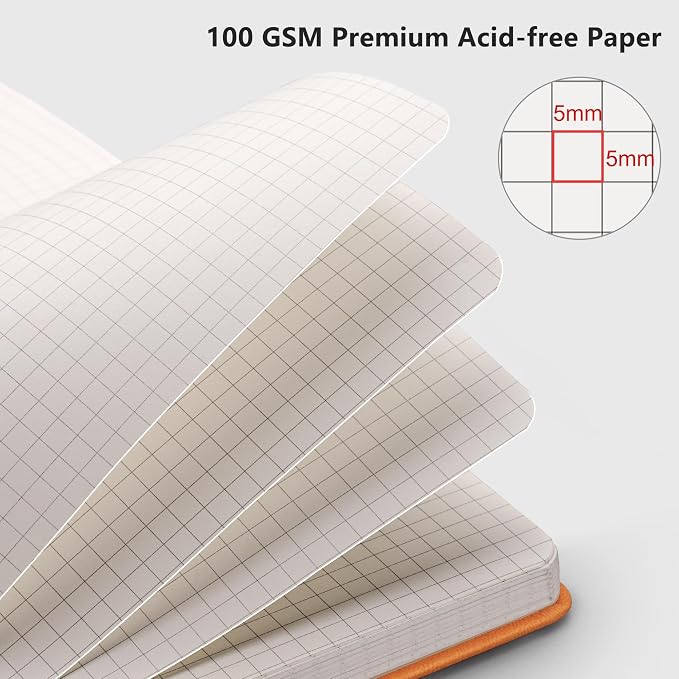 RETTACY Graph Grid Paper Notebook, 192 Pages, A5 Size (5.7'' x 8.3'') | 5 Squares per Inch, Leather Hardcover, 100 GSM Thick Paper, for School, Students, Math, Engineering (Orange)
