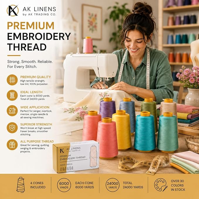 AK Trading 4-Pack Camel All Purpose Sewing Thread Cones (6000 Yards Each) of High Tensile Polyester Thread Spools for Sewing, Quilting, Serger Machines, Overlock, Merrow & Hand Embroidery.
