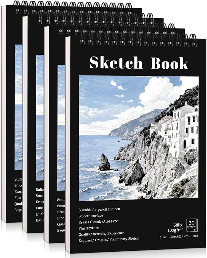 4 Pack Small Sketch Books 5.5 × 8.5 in, Spiral Bound, Black | 100gsm Acid-Free Paper, 30 Sheets Each, Dry Media Friendly, Hardcover Backing, Travel & Classroom Use