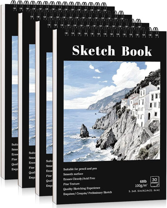 4 Pack Small Sketch Books 5.5 × 8.5 in, Spiral Bound, Black | 100gsm Acid-Free Paper, 30 Sheets Each, Dry Media Friendly, Hardcover Backing, Travel & Classroom Use