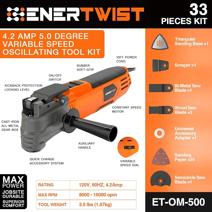 ENERTWIST 4.2 Amp Oscillating Multitool Kit with 31pcs Saw Accessories | 5° Oscillation Angle, 6 Variable Speed, Auxiliary Handle, Carrying Bag, Quick Change Accessory Powerful Oscillating Saw