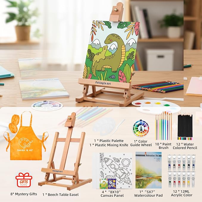 Falling in Art Kids Tabletop Easel Set, Portable Art Easel Painting Kits | 52 Pcs Wooden Easel for Painting Canvases, Including 12 Colors Acrylic Paints, 10 Paintbrushes and 4 Canvas Panels, Yellow
