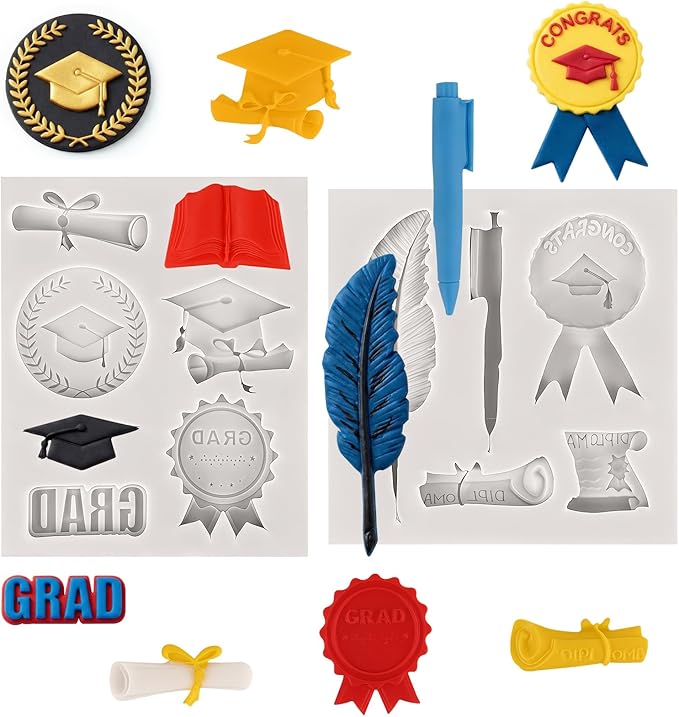 Sakolla 2 Pack 2026 Graduation Candy Chocolate Molds, Doctoral Cap Diploma Scroll Badge Pen Shape Fondant Silicone Molds for Party Cake Decoration（Mini/Grey）