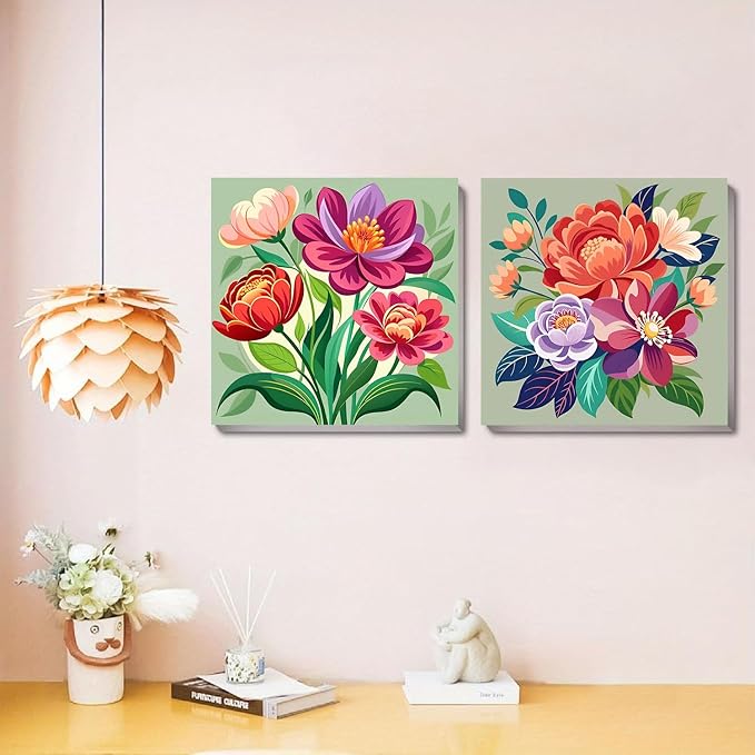 Sretoul Flowers Paint by Numbers Kit for Adults Framed Easel 4 Pack 8X8 in
